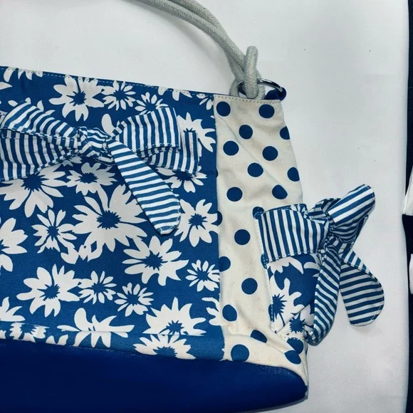 Ciro Citterio Canvas Tote Bag Blue/White w 22" Rope Handle Bows Sides and Front - Picture 4 of 12